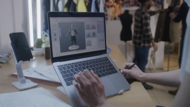 Female Fashion Designer Develops Future Design Clothes Modeling Program Laptop — Vídeo de stock