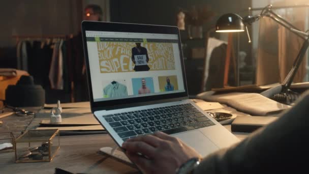 African American Businessman Luxury Designer Atelier Browsing Online Shop Laptop — Stock video