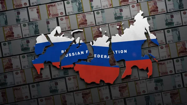 3D render of map of collapsed Russian Federation into different parts. 3D render concept of the collapse of Russia, financial crisis and oligarchy. Money on background. Stop war. Stop Russia.