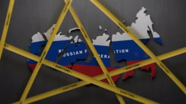 3D render concept of finance, oil and gas sanctions embargo against Russian Federation. Visualization of map of Russia split into parts covered with yellow tape. Decay and crisis in Russia. Stop war.