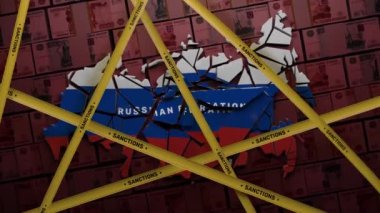 Visualization of the map of collapsed Russia into different parts covered with yellow tape. 3D render concept of finance, oil and gas world sanctions against Russian Federation. Money on background.