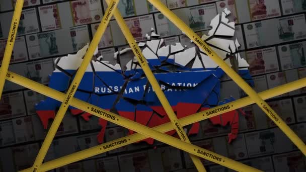 Visualization Map Russian Federation Split Different Parts Covered Yellow Tape — Stockvideo