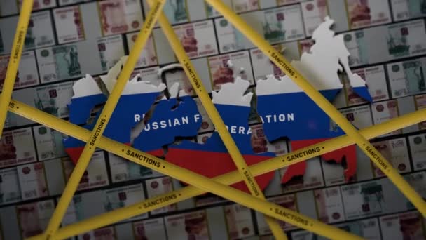 Visualization Map Collapsed Russia Different Parts Covered Yellow Tape Render — Stockvideo