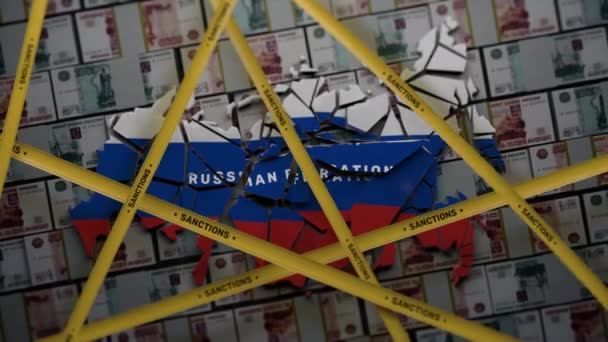 3Dは ロシアの寡頭制ガスと石油禁輸に対する金融世界制裁の概念をレンダリングします 崩壊したロシアの地図の可視化 碑文と黄色のテープ バックグラウンドでお金 — ストック動画