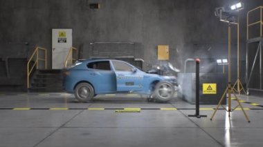 3D animation of eco-friendly electric vehicle experimental crash test in a laboratory. Simulation of traffic accident. Testing new generation car for checking and changing the safety parameters.