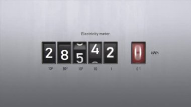 3D animation of electricity meter. Close-up view of kWh counter. Electricity meter display shows consumption of house. Energy savings or overconsumption, rising costs. Electric power supply and usage.