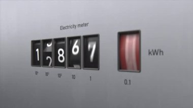 3D animation of electricity meter. Close-up view of kWh counter. Changing numbers on the electricity meter display. Energy savings or over-consumption, rising prices and costs. Electricity supply.