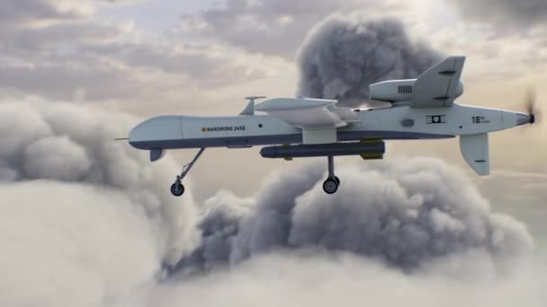 軍用遠隔操縦無人機の3Dアニメーション 戦闘ドローンは軍事目標を達成するためにミサイルを発射する 背景に曇った空 軍用戦闘に現代のUav技術を使用する概念 — ストック動画