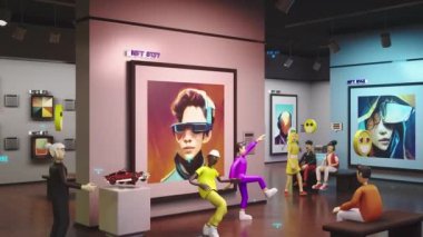3D avatars with emotions icons in futuristic immersive virtual museum. Exhibition of NFT pictures in meta universe. Technologies and innovations. Concept of metaverse, cyberspace and digital world.