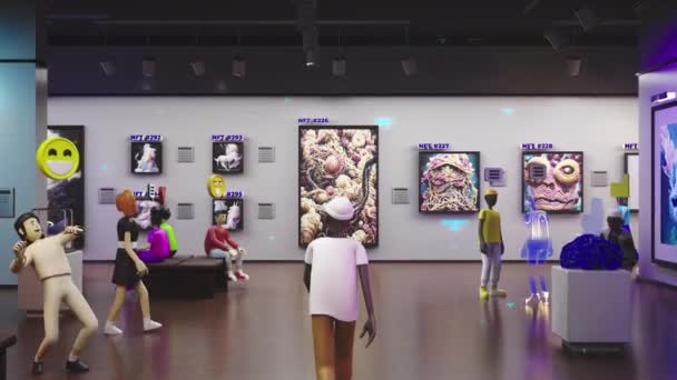 メタ宇宙でのNft画像の展示 感情アイコンを持つ3Dアバターは 未来的な没入型仮想博物館を歩く 未来の技術 メタ嫌い サイバー空間 デジタル世界の概念 — ストック動画