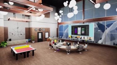 Business conference in futuristic virtual office with computers. 3D avatars talk with people about mobile app development by video. Technologies of future. Concept of metaverse and virtual reality.