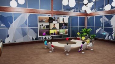 3D avatars talk with people by video in meta universe. Business meeting in futuristic virtual modern office conference room. Technologies of future in business. Concept of metaverse and digital world.