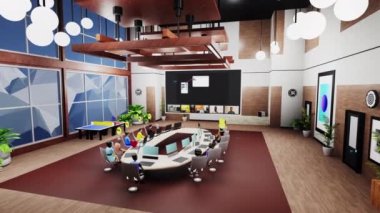 Business meeting in futuristic virtual office. 3D avatars with icons have video call with team and discuss new mobile app. Technologies of future in business. Concept of metaverse and digital world.