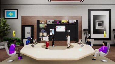 Business conference in futuristic virtual office. 3D avatars with icons talk with people by video. Developing mobile app. Technologies of future in business. Concept of metaverse and digital world.