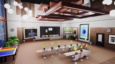 3D avatars with icons present new business product by video call with team of people. Business conference in futuristic virtual office. Concept of metaverse, digital world and technologies of future.