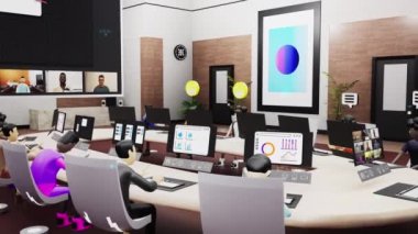 3D avatars work on new mobile app design in computers in futuristic virtual office. Business video conference with people. Technologies of future. Concept of coworking, metaverse and virtual reality.