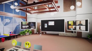 3D avatars with icons present new mobile app by video call with team of people. Business conference in futuristic virtual office with computers. Concept of metaverse, digital world and technologies.