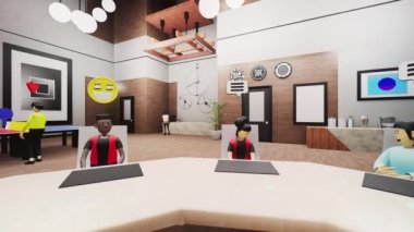 3D avatars with icons talk and plan company business strategy. Business conference or meeting in futuristic virtual modern office. Technologies of future. Concept of metaverse and virtual reality.