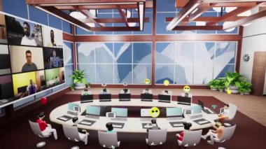 Business meeting in futuristic virtual office with computers. 3D avatars with icons discuss business strategy with real people by video. Concept of metaverse, digital world and technologies of future.
