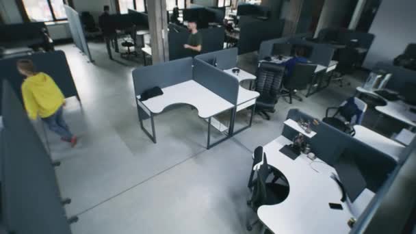 People Working Office Sitting Tables Computers Coworkers Walking Corridor Woman — Stockvideo