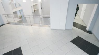 Business people walking at office building lobby. African American man meets and talks with colleague. CCTV technology. Tracking and monitoring systems. Social safety concept. Security camera shooting