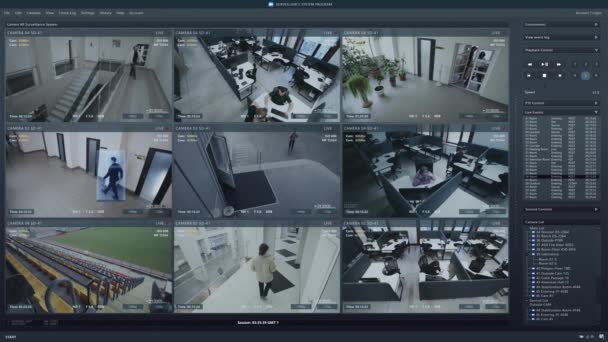 Воспроизведение Камер Видеонаблюдения Офисе Экране Компьютера Интерфейс Наблюдения Футуристическим Программным — стоковое видео