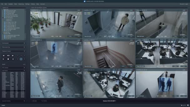 Kamery Monitoringu Biurze Ekranie Komputera Interfejs Inwigilacyjny Futurystycznym Programem Systemem — Wideo stockowe