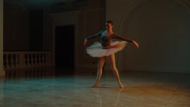 Filmfoto Graciös Kvinnlig Balettdansare Koreografi Repetition Teaterlobbyn Praktiserar Eleganta Rörelser — Stockvideo