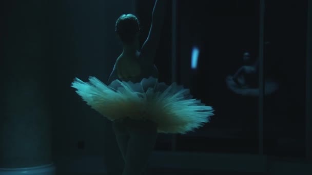 Zdjęcia Pięknej Baleriny Sukience Baletowej Tańczącej Przed Oknem Ciemnym Holu — Wideo stockowe