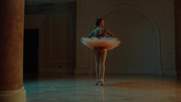 Cinematografische Opname Van Volwassen Ballerina Tutu Punten Choreografische Repetitie Theaterlobby — Stockvideo