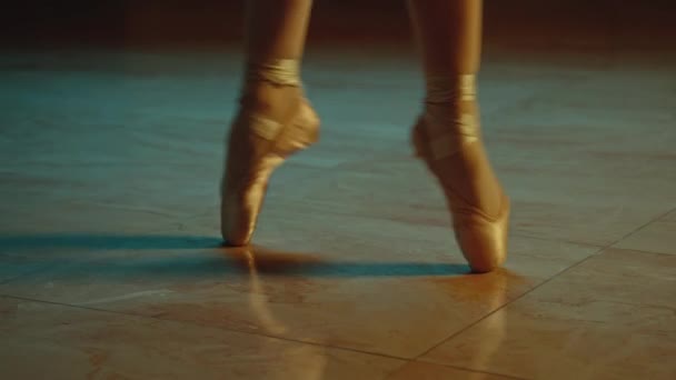 Cinematic Close Shot Classical Ballet Dancer Feet Pointe Shoes Female — Stockvideo