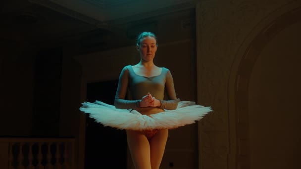 Cinematic Shot Beautiful Ballerina Ballet Dress Standing Theater Hall Preparing — Stockvideo
