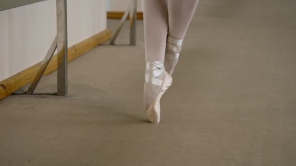 Close Feet Shooting Professional Ballerina Standing Tiptoe Pointe Shoes Dance — Stockvideo