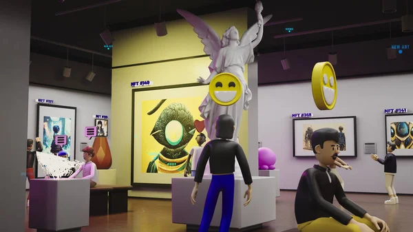 Визуализация Аватаров Эмоциями Иконы Проходят Футуристическом Погруженном Виртуальном Музее Выставка — стоковое фото