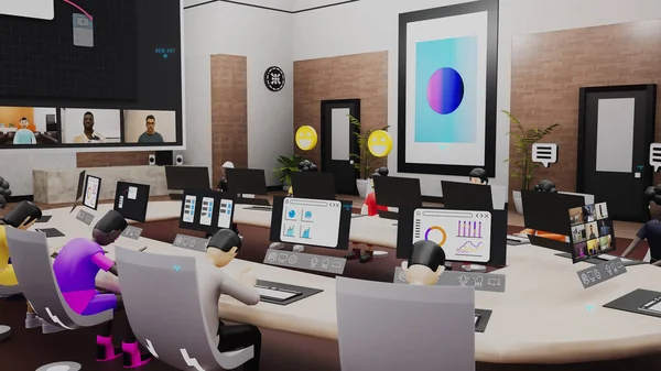 3D render of avatars with icons present new business product by video call with team of people. Business conference in futuristic virtual office. Concept of metaverse, digital world and technologies
