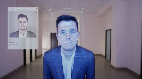 Businessman scans face in office. He touches sensor and security system identifies. 3D hologram of human biometric facial recognition and personal virtual profile. Identification and AI technology.