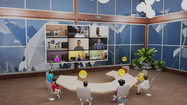 3D render of avatars talk with people by video in meta universe. Business meeting in futuristic virtual modern office conference room. Technologies of future in business. Concept of metaverse and