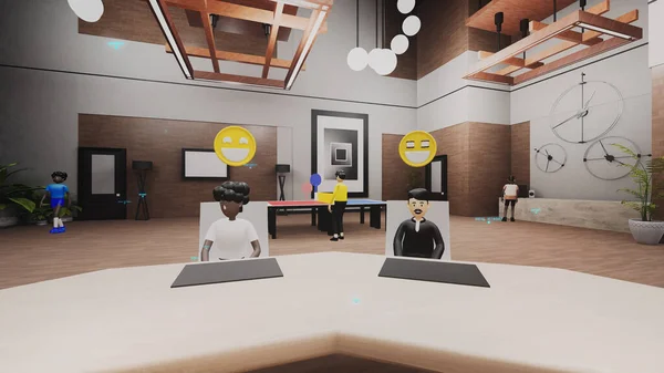 3d render of avatars with icons talk and plan company business strategy. Business conference or meeting in futuristic virtual modern office. Technologies of future. Concept of metaverse and virtual