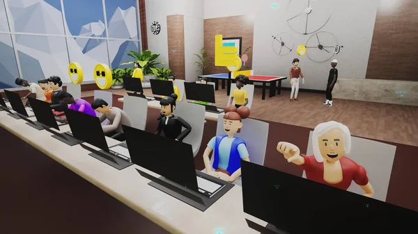 3d render of avatars on web sites development training. IT company with virtual workers. Futuristic modern office with computers. Technologies of future. Concept of coworking, metaverse and virtual