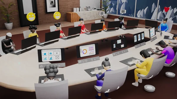 3d render of avatars work on new mobile app design in computers in futuristic virtual office. Business video conference with people. Technologies of future. Concept of coworking, metaverse and virtual