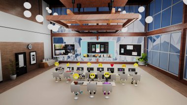 3D render of business conference in futuristic virtual office. 3D avatars talk with people about new mobile app by video. Technologies of future in business. Concept of metaverse and digital world.