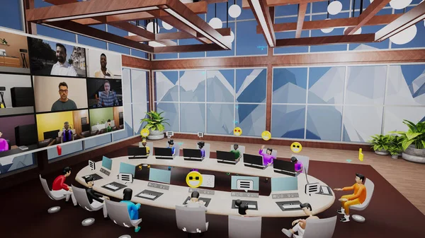 3D render of business meeting in futuristic virtual office with computers. 3D avatars with icons discuss business strategy with real people by video. Concept of metaverse, digital world and