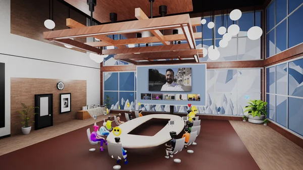 3D render of avatars with icons have video call with CEO and discuss business product. Business conference in futuristic virtual office. Future technologies in business. Concept of metaverse and