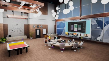 3d render of business conference in futuristic virtual office with computers. 3D avatars talk with people about mobile app development by video. Technologies of future. Concept of metaverse and