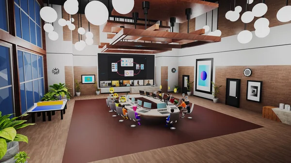 3d render of business meeting in futuristic virtual office. 3D avatars with icons have video call with team and discuss new mobile app. Technologies of future in business. Concept of metaverse and