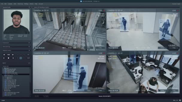 Playback Cctv Cameras Coworking Office Computer Screen Interface Futuristic Program — Vídeo de stock