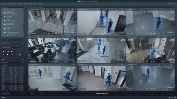 在办公室的电脑屏幕上播放闭路电视摄像机 监视接口与人工智能未来主义程序和人的识别系统 摄像头 识别和跟踪的概念 — 图库视频影像