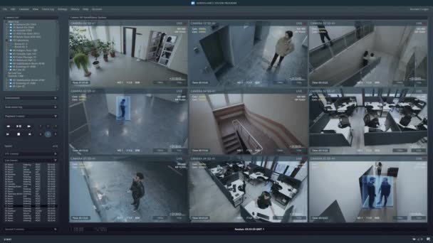 Playback Cctv Cameras Office Computer Screen Surveillance Interface Futuristic Program — Stockvideo