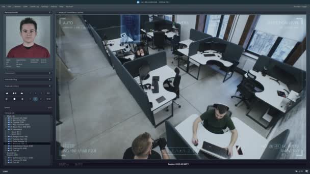 Камера Видеонаблюдения Офисе Компьютере Люди Работают Коворкинге Программа Искусственного Интеллекта — стоковое видео