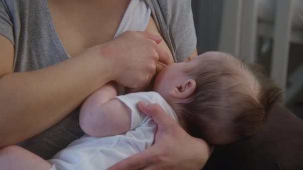 母乳育児新生児のショットを閉じます 女性は彼を食べながら赤ん坊を腕に抱き 眠りにつく 小さい子は母親から母乳を吸う 子供時代 母親時代 愛と家族の概念 — ストック動画